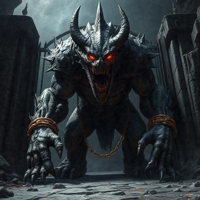 The primary subject of the image is a large, demonic-looking creature with horns and a chain around its neck. The creature is standing in front of a stone wall, which serves as the setting for the scene. The visual style of the image is digital art, as it appears to be a computer-generated or digitally manipulated image. The dominant colors in the image are dark and ominous, creating a mood of fear and danger.